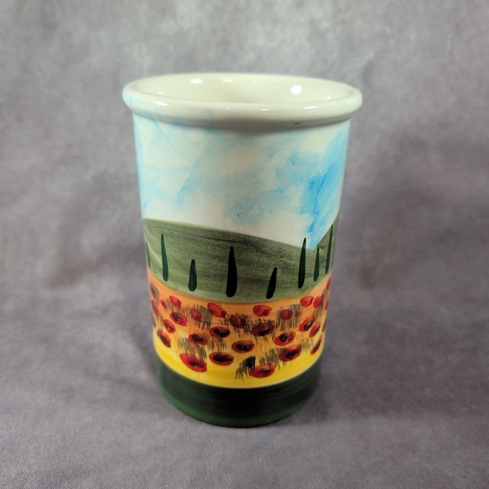 Tuscan Countryside Hand Painted Utensil Holder Made in Italy 7 1/4" Landscape